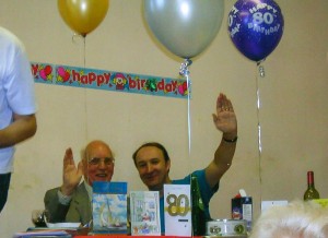 John and David waving! at dad's 80th birthday celebration, 2004