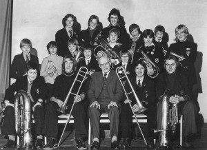 John looking very proud with his brass band, Sheringham High School, Jan 1977