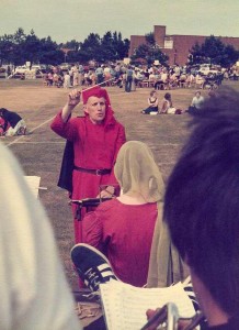 John conducting a practice before the school float goes out on the Sheringham carnival, 1978/9, medieval dress! 