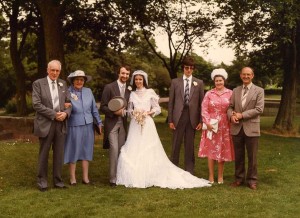 David and Sarah get married in Longbridge, 13 July 1985 (Live Aid Day!) from left: John, Irene, David, Sarah, Colin, Ted and Marie Cole