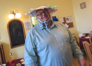 Kevin Allan, care manager (yes really!) wearing his easter bonnet with pride!