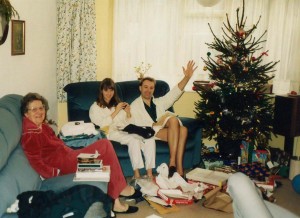 another cheerful Chrismas meet up! 1991. Irene, sarah and David on Christmas morning. Presents early was sarah's tradition, John & Irene normally waited until after the queen!