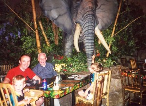 David, dad and the boys enjoying the Rainforest Cafe in Disney, 2000. Wonderful animatronic elephant that would roar and wave its trunk periodically!