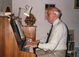 John taught piano lesons for many years from home after he stopped teaching full-time. Irene would often entertain the parents in their lounge upstairs. John had as many as 24 students a week at its height, this photo, Mundesley, June 1989