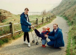 Learning to handle small children! Sarah, James and David by the coast in Norfolk, around 1995