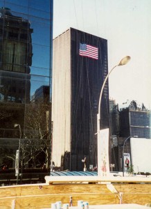This building, the nearest to ground zero is shrouded in a huge black drape, in memory. This building will have to be demolished as its foundations have been damaged by the events.