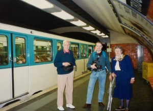 John and Irene taking the Paris Metro (reasonably) in their stride! David, videographer extraordinaire (!) has his rather bulky video camera in tow. Used to do video one day and stills the next! 1994