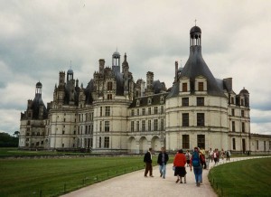 Visiting Chambord Chateau, Loire in 1994. In fact dad had agoraphobia (fear of open spaces) he found the wide stairs inside impossible...